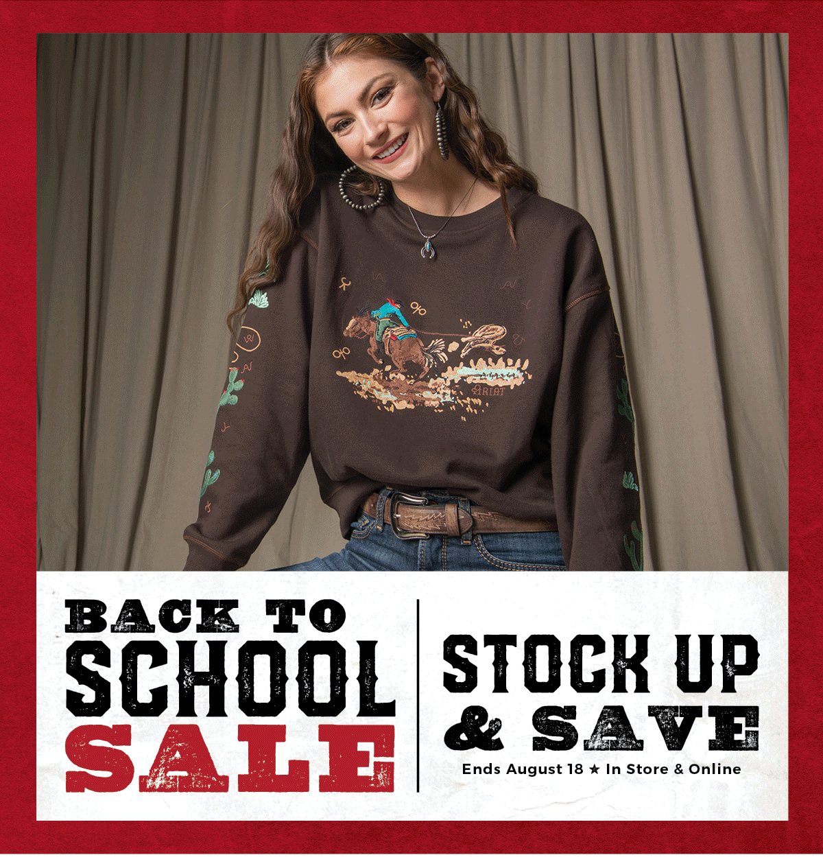 A rotating hero image for Cavende's Back to School Sale. 3 images show kids wearing western apparel and accessories posed in front of a gray draped background.